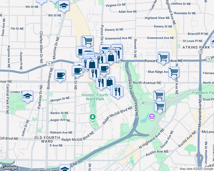 map of restaurants, bars, coffee shops, grocery stores, and more near 755 North Avenue Northeast in Atlanta