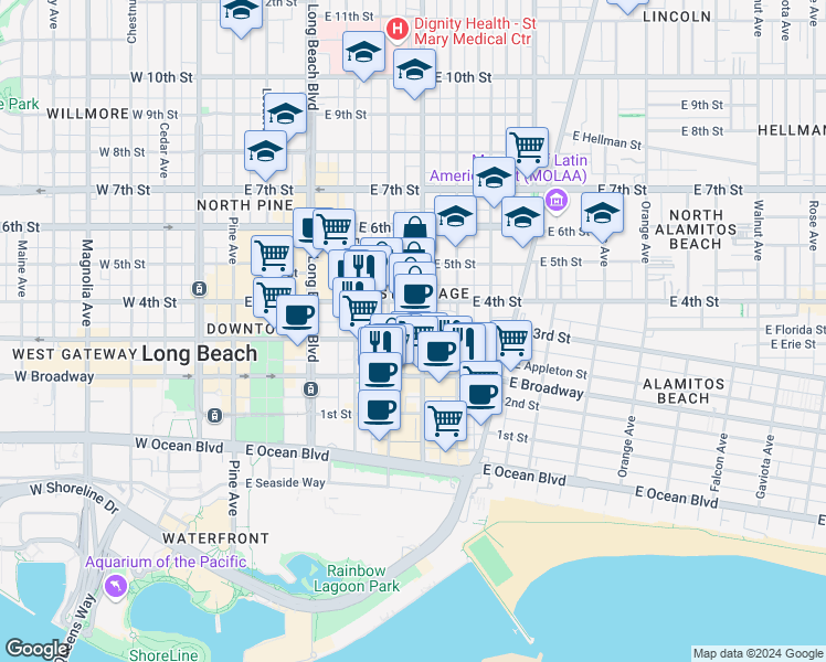 map of restaurants, bars, coffee shops, grocery stores, and more near 555 East 3rd Street in Long Beach