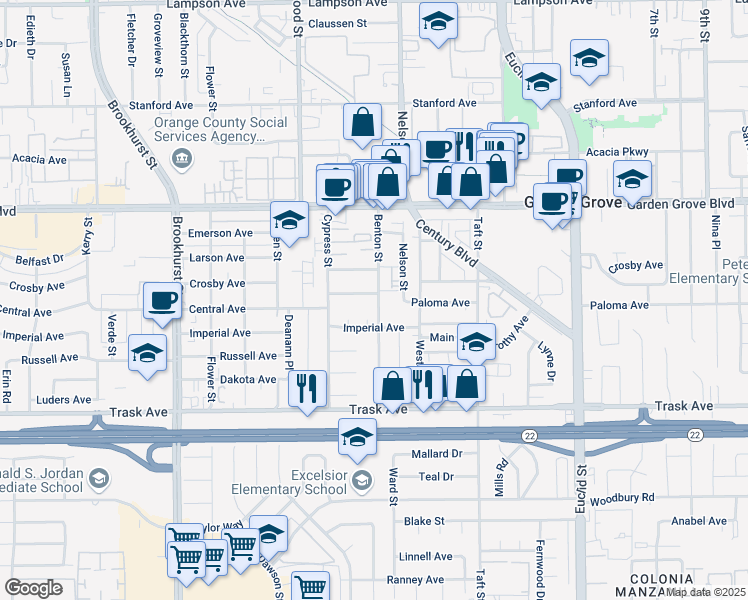 map of restaurants, bars, coffee shops, grocery stores, and more near 10472 Mildred Avenue in Garden Grove