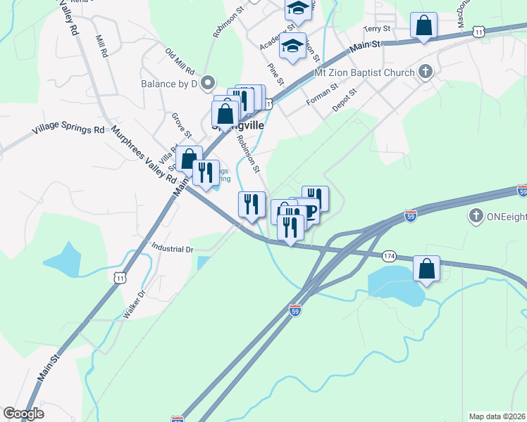 map of restaurants, bars, coffee shops, grocery stores, and more near 112 Robinson Street in Springville