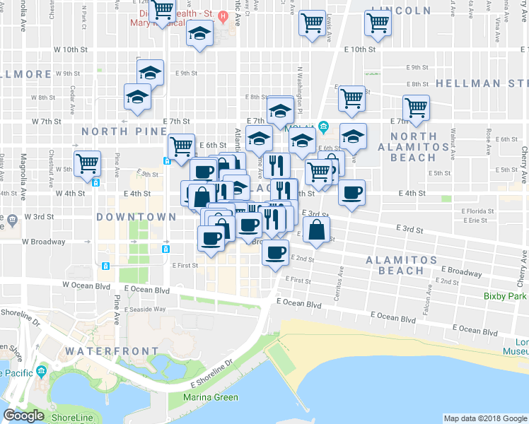 map of restaurants, bars, coffee shops, grocery stores, and more near 310 Lime Avenue in Long Beach