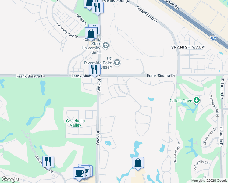map of restaurants, bars, coffee shops, grocery stores, and more near 373 Links Drive in Palm Desert