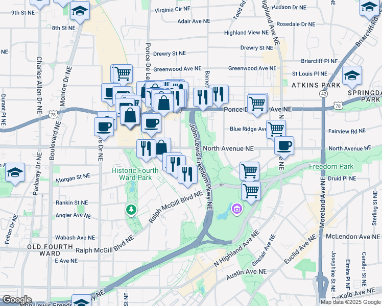 map of restaurants, bars, coffee shops, grocery stores, and more near 829 North Avenue Northeast in Atlanta