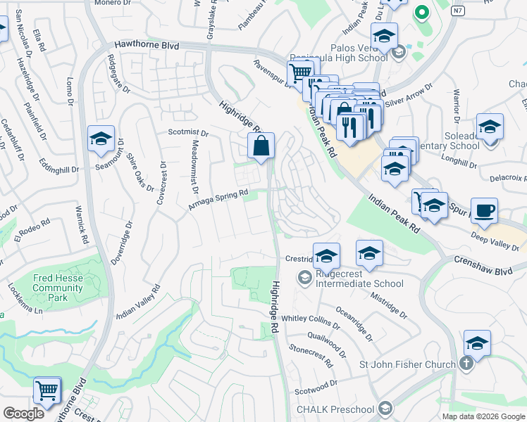 map of restaurants, bars, coffee shops, grocery stores, and more near 3 Vía La Rocca in Rancho Palos Verdes