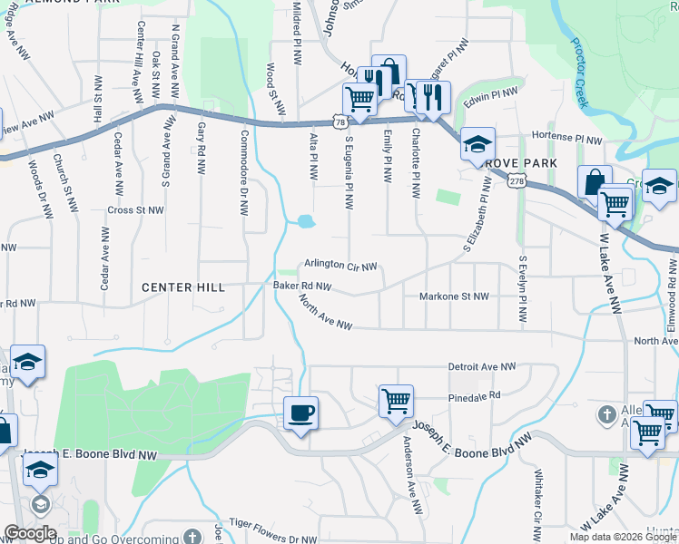 map of restaurants, bars, coffee shops, grocery stores, and more near 2046 Arlington Circle Northwest in Atlanta