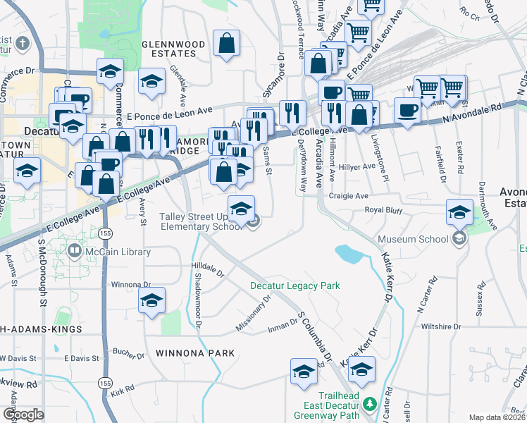 map of restaurants, bars, coffee shops, grocery stores, and more near 2630 Talley Street in Decatur