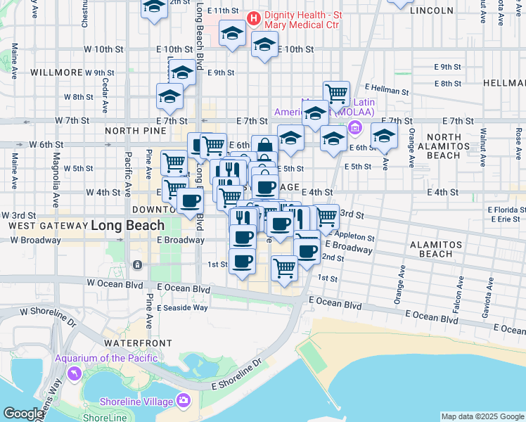 map of restaurants, bars, coffee shops, grocery stores, and more near in Long Beach