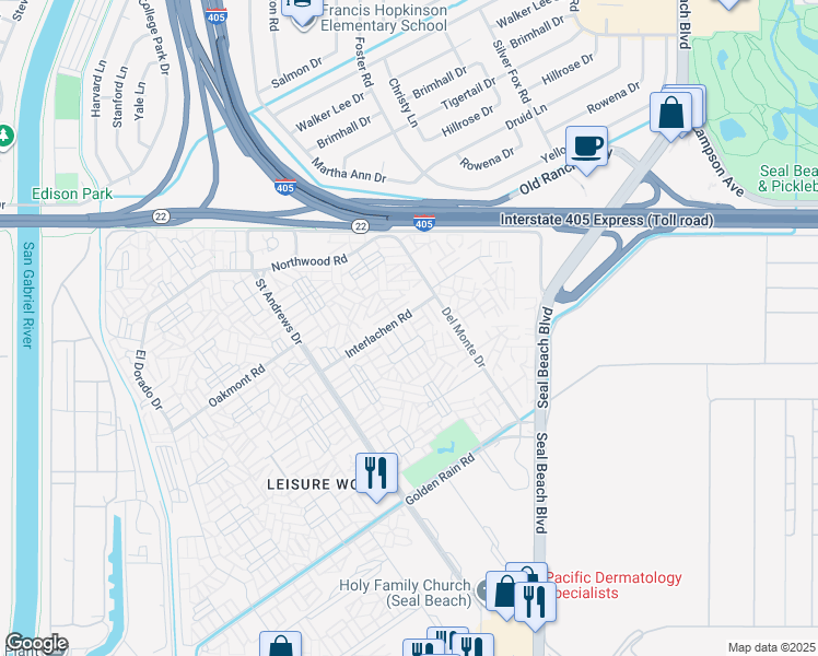 map of restaurants, bars, coffee shops, grocery stores, and more near 1690 Interlachen Road in Seal Beach