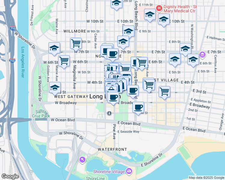 map of restaurants, bars, coffee shops, grocery stores, and more near in Long Beach