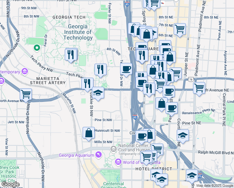 map of restaurants, bars, coffee shops, grocery stores, and more near 168 North Avenue Northwest in Atlanta