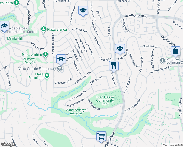 map of restaurants, bars, coffee shops, grocery stores, and more near 6702 Abbottswood Drive in Rancho Palos Verdes