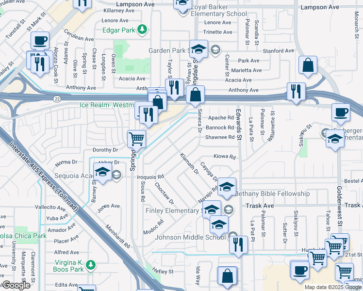 map of restaurants, bars, coffee shops, grocery stores, and more near 6211 Shawnee Road in Westminster