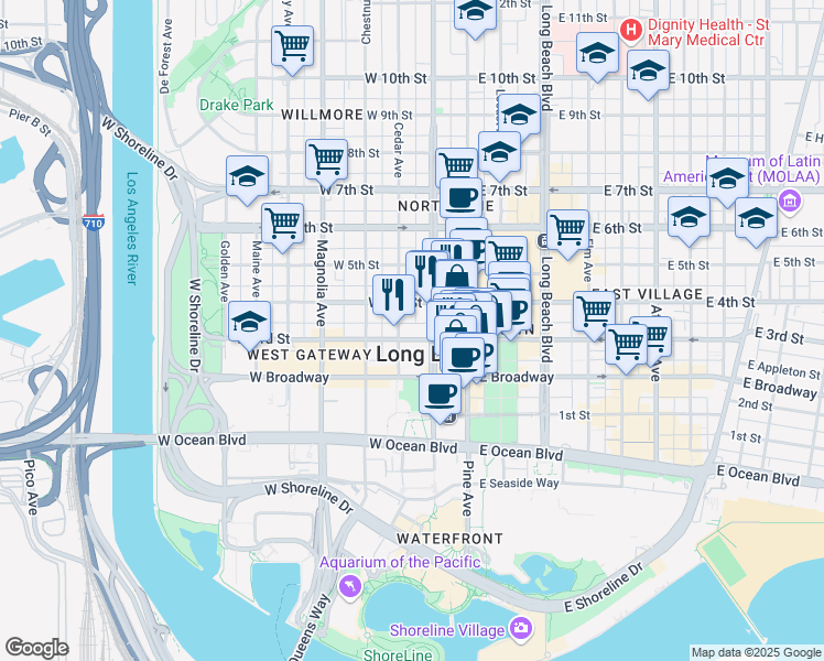 map of restaurants, bars, coffee shops, grocery stores, and more near 225 West 3rd Street in Long Beach