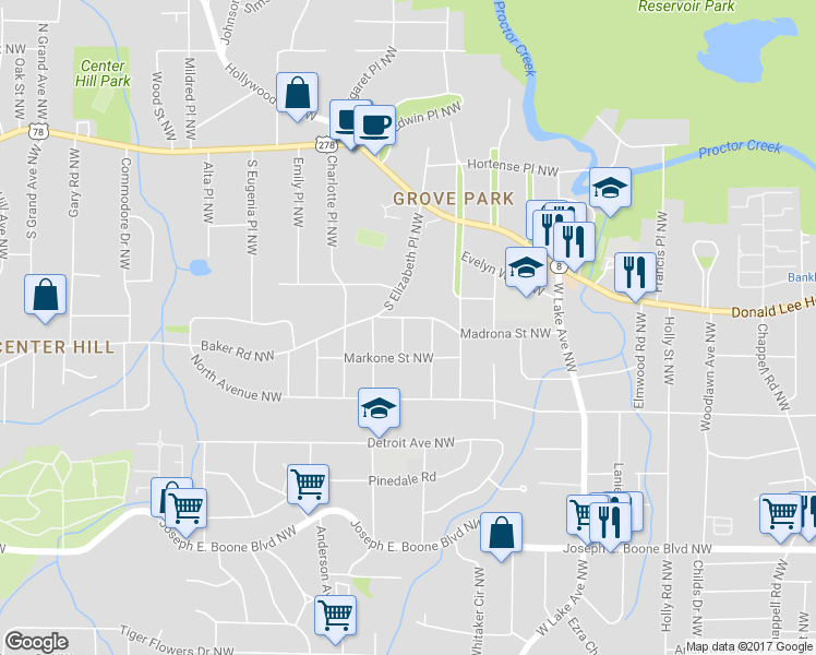 map of restaurants, bars, coffee shops, grocery stores, and more near 1864 Madrona Street Northwest in Atlanta