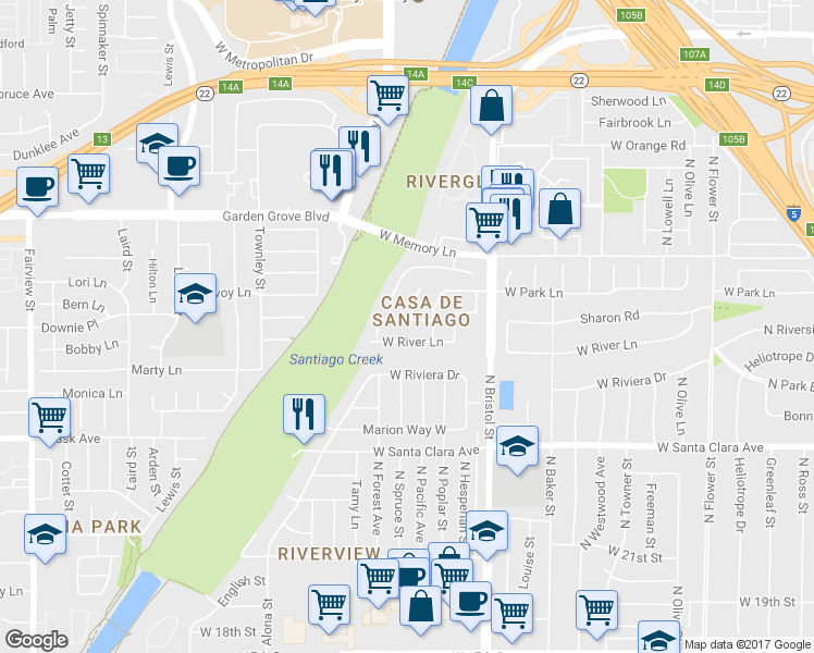 map of restaurants, bars, coffee shops, grocery stores, and more near 1502 Sharon Road in Santa Ana