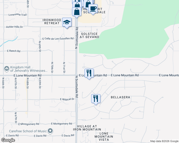 map of restaurants, bars, coffee shops, grocery stores, and more near 7262 East Lower Wash Pass in Scottsdale