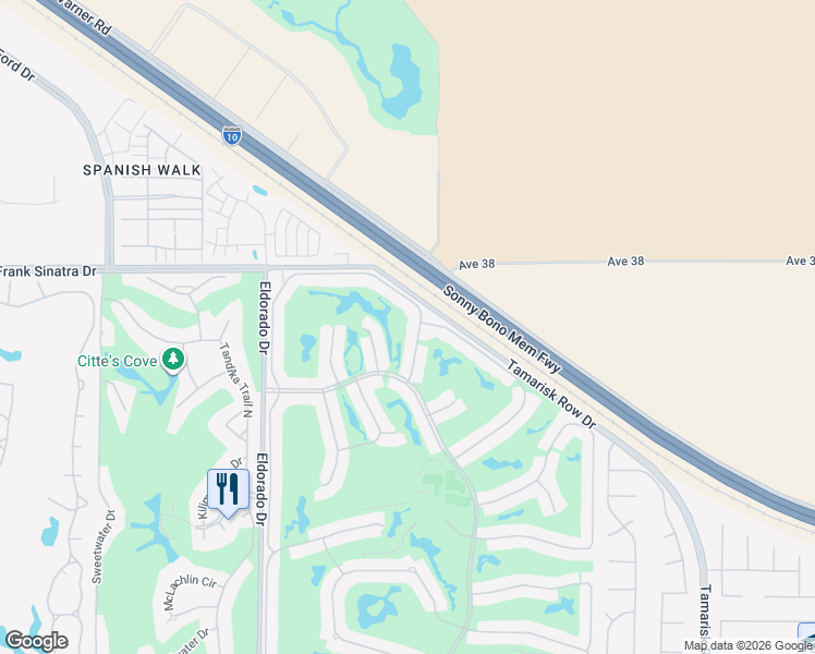 map of restaurants, bars, coffee shops, grocery stores, and more near 38275 Crocus Lane in Palm Desert