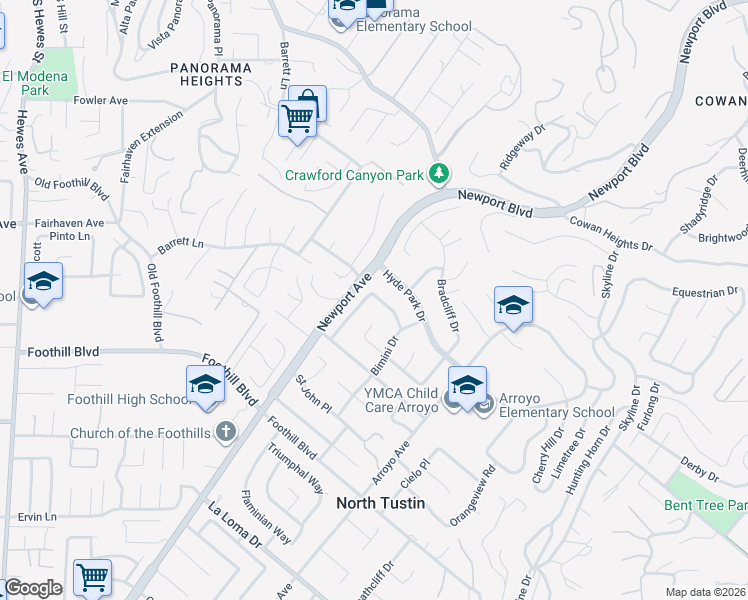 map of restaurants, bars, coffee shops, grocery stores, and more near 1021 Dorsetshire Lane in Santa Ana