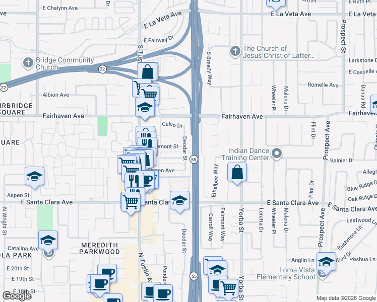 map of restaurants, bars, coffee shops, grocery stores, and more near 2505 Deodar Street in Santa Ana