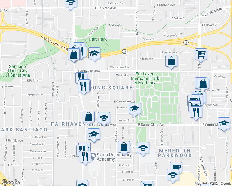 map of restaurants, bars, coffee shops, grocery stores, and more near 2528 Forest Lake in Santa Ana