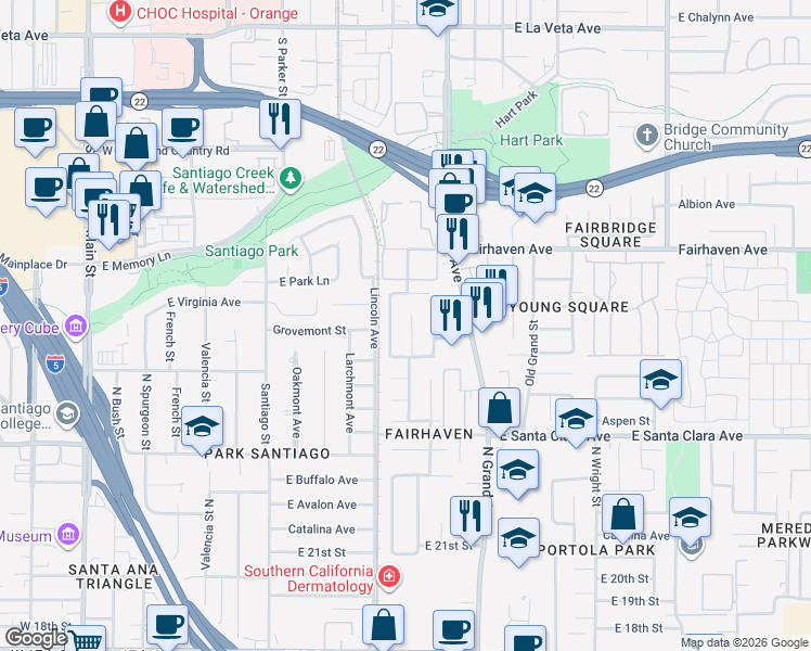 map of restaurants, bars, coffee shops, grocery stores, and more near 2513 Brynwood Street in Santa Ana