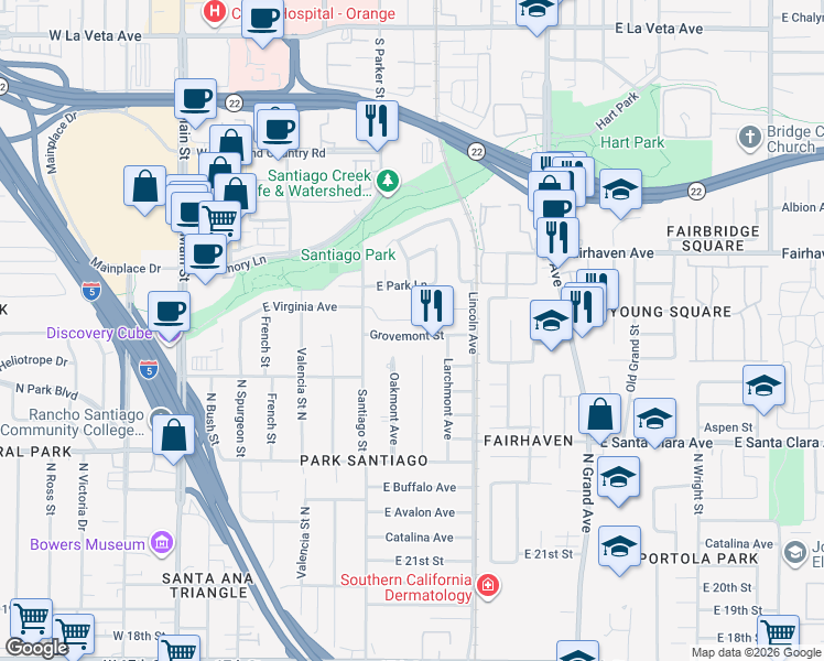 map of restaurants, bars, coffee shops, grocery stores, and more near 906 East Virginia Avenue in Santa Ana