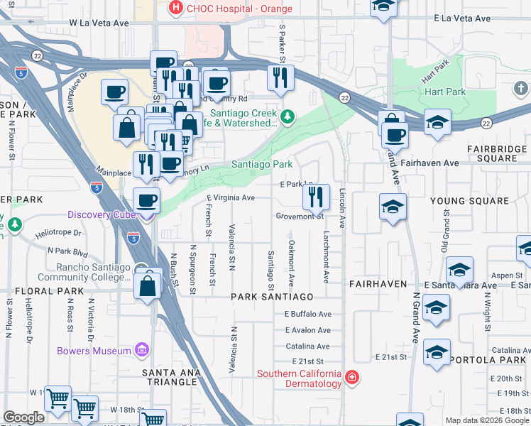 map of restaurants, bars, coffee shops, grocery stores, and more near 620 East Virginia Avenue in Santa Ana