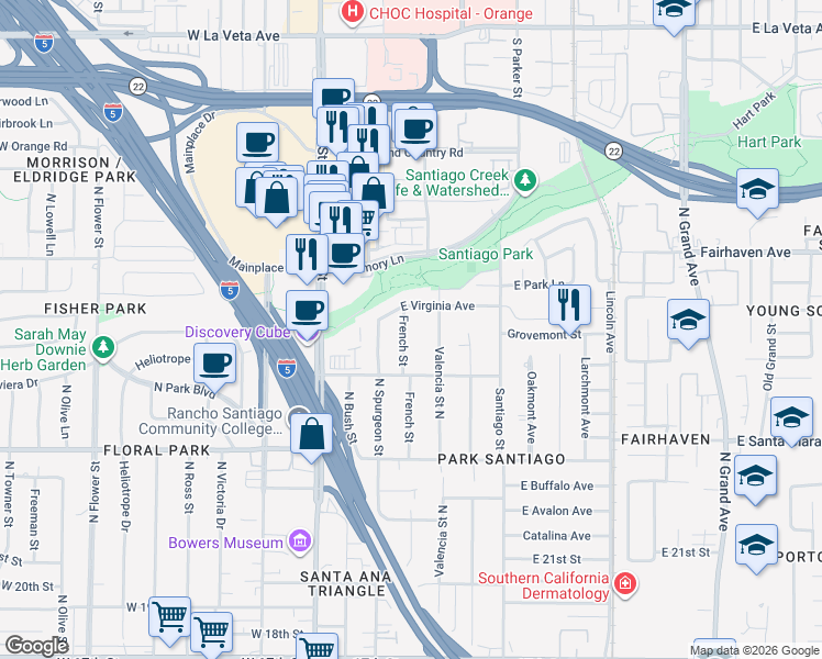 map of restaurants, bars, coffee shops, grocery stores, and more near 2543 French Street in Santa Ana