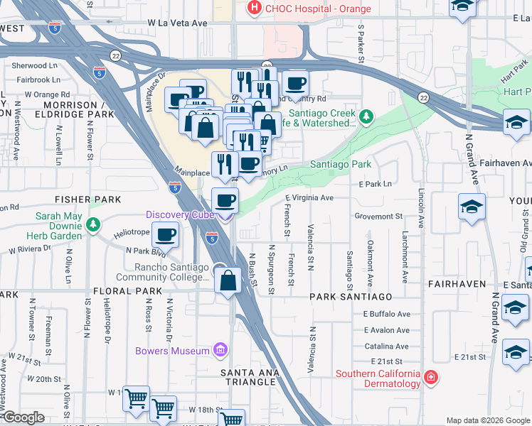 map of restaurants, bars, coffee shops, grocery stores, and more near 2538 North Spurgeon Street in Santa Ana