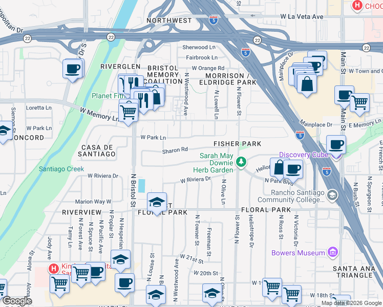 map of restaurants, bars, coffee shops, grocery stores, and more near 1116 Sharon Road in Santa Ana