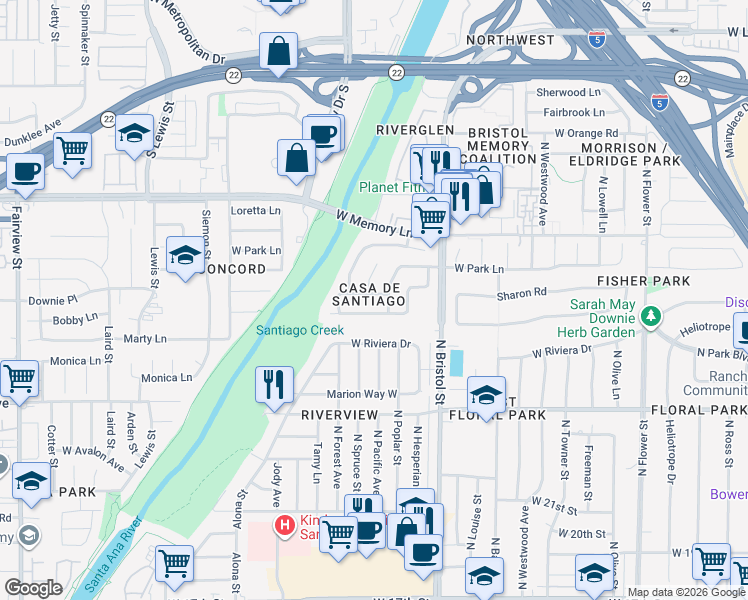 map of restaurants, bars, coffee shops, grocery stores, and more near 1502 Sharon Road in Santa Ana