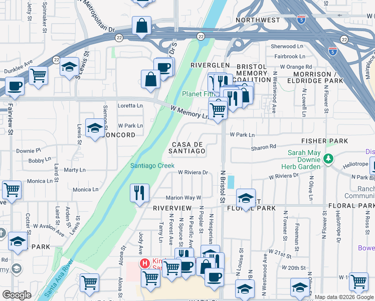 map of restaurants, bars, coffee shops, grocery stores, and more near 1502 Sharon Road in Santa Ana
