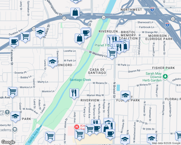 map of restaurants, bars, coffee shops, grocery stores, and more near 2518 Alona Street in Santa Ana
