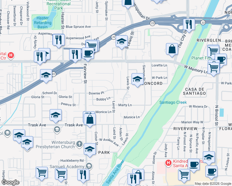map of restaurants, bars, coffee shops, grocery stores, and more near 13252 Downie Place in Garden Grove