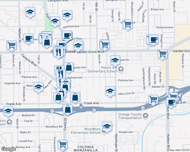 map of restaurants, bars, coffee shops, grocery stores, and more near 13211 Sandra Place in Garden Grove