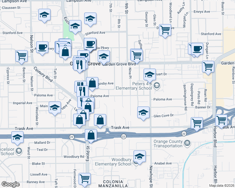 map of restaurants, bars, coffee shops, grocery stores, and more near 13211 Sandra Place in Garden Grove