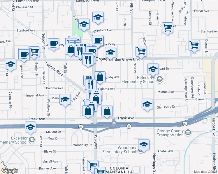 map of restaurants, bars, coffee shops, grocery stores, and more near 11112 Sherman Avenue in Garden Grove