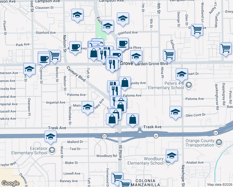 map of restaurants, bars, coffee shops, grocery stores, and more near 13200 South Euclid Street in Garden Grove