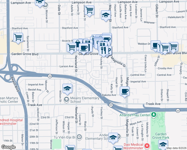 map of restaurants, bars, coffee shops, grocery stores, and more near 13191 Raleigh Court in Garden Grove