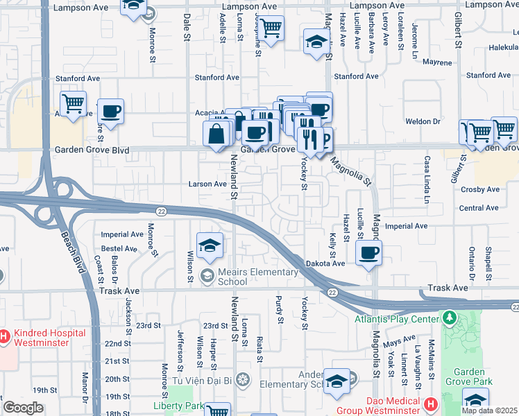 map of restaurants, bars, coffee shops, grocery stores, and more near 13175 Creek View Drive in Garden Grove