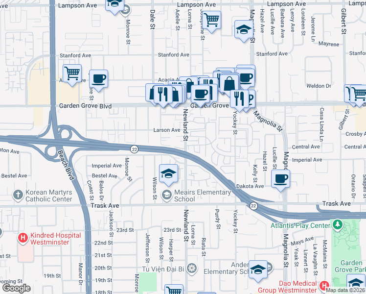 map of restaurants, bars, coffee shops, grocery stores, and more near 8512 Devon Lane in Garden Grove