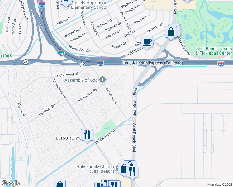 map of restaurants, bars, coffee shops, grocery stores, and more near 1860 McKinney Way in Seal Beach