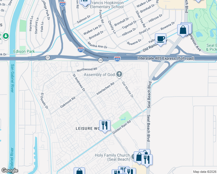 map of restaurants, bars, coffee shops, grocery stores, and more near 1690 Interlachen Road in Seal Beach