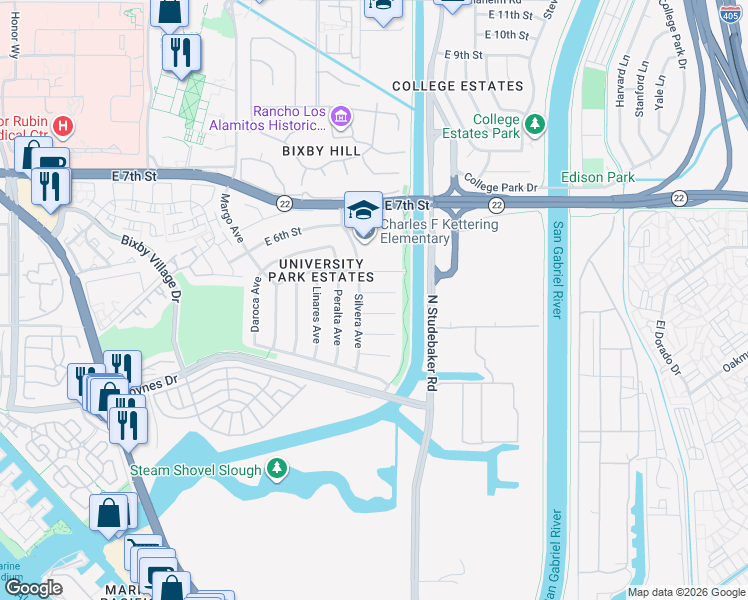 map of restaurants, bars, coffee shops, grocery stores, and more near 6312 East Vermont Street in Long Beach