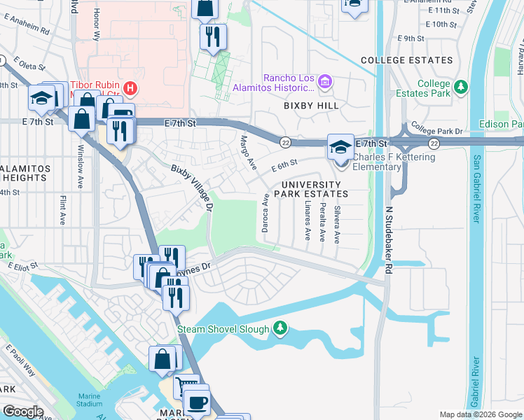 map of restaurants, bars, coffee shops, grocery stores, and more near 6072 Avenue De Castillo in Long Beach
