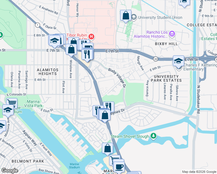 map of restaurants, bars, coffee shops, grocery stores, and more near 5997 Pacific Coast Highway in Long Beach