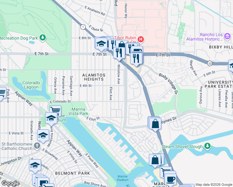 map of restaurants, bars, coffee shops, grocery stores, and more near 384 Winslow Avenue in Long Beach