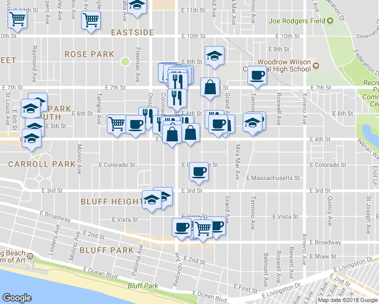 map of restaurants, bars, coffee shops, grocery stores, and more near in Long Beach