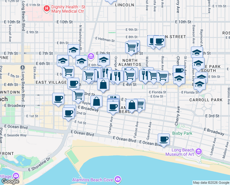 map of restaurants, bars, coffee shops, grocery stores, and more near 1217 East Florida Street in Long Beach