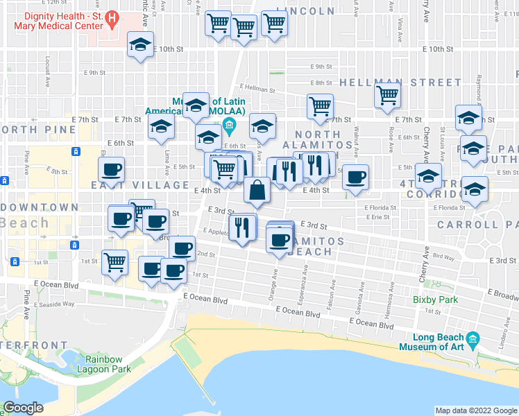 map of restaurants, bars, coffee shops, grocery stores, and more near 1129 East 3rd Street in Long Beach